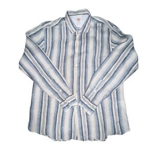 Fradi Button Down Linen Lightweight Blue Striped Men's Long-Sleeve Shirt Large